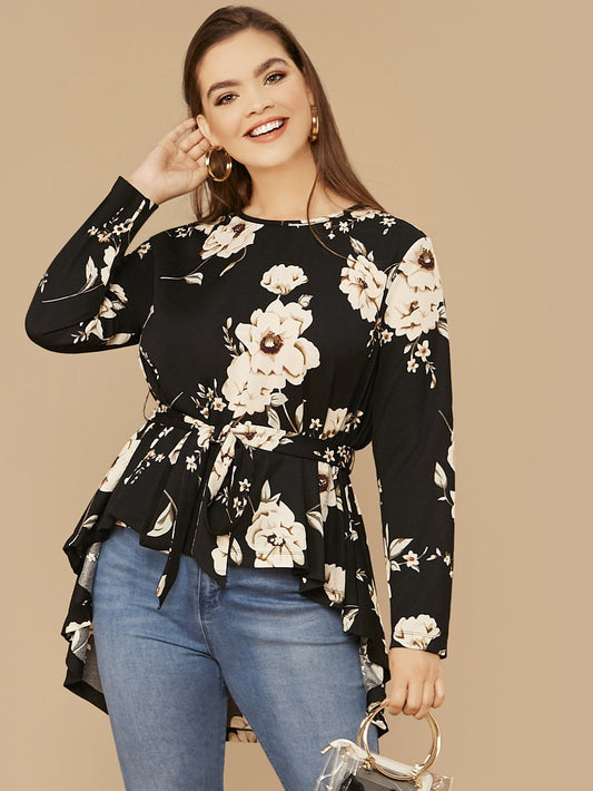 Floral Print High Low Hem Belted Top