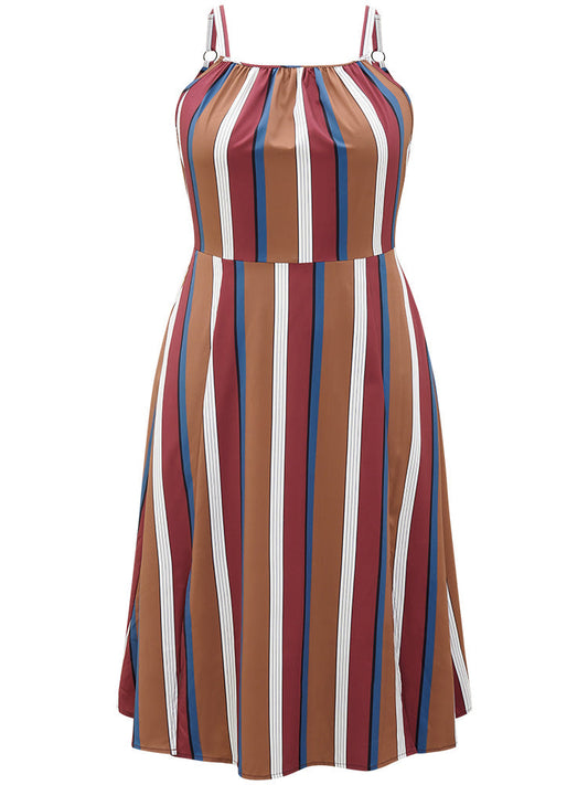 Striped Bowknot Cut Out Split Hem Gathered Cami Dress