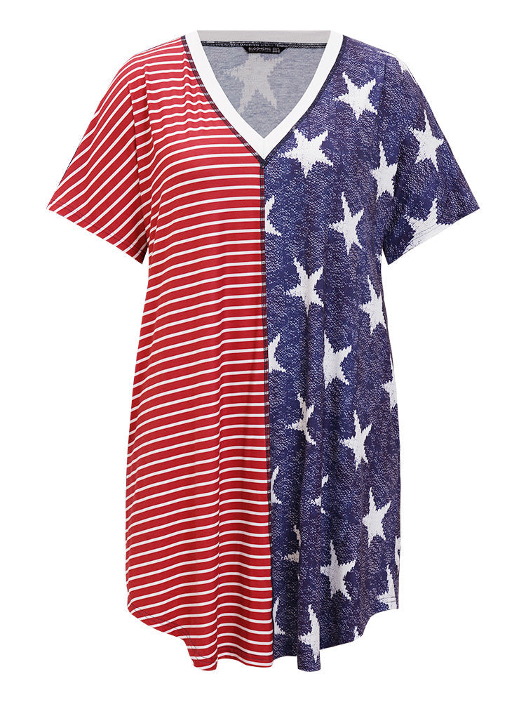 Star & Striped Patchwork Curved Hem Pocket Dress