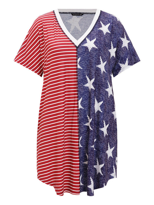 Star & Striped Patchwork Curved Hem Pocket Dress