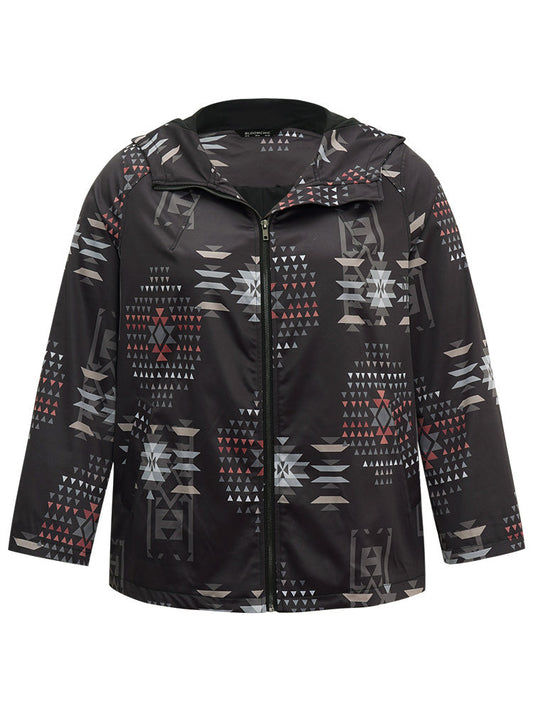 Geo Graphic Hooded Pocket Zipper Fly Coat