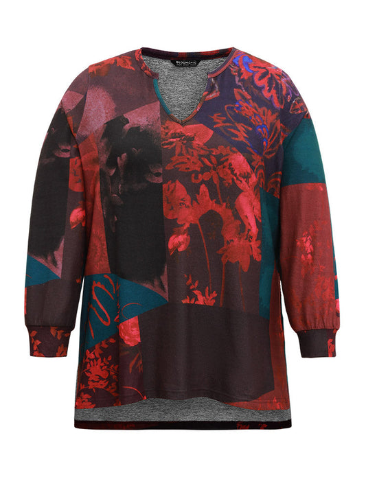 Floral Print Contrast Notched Sweatshirt