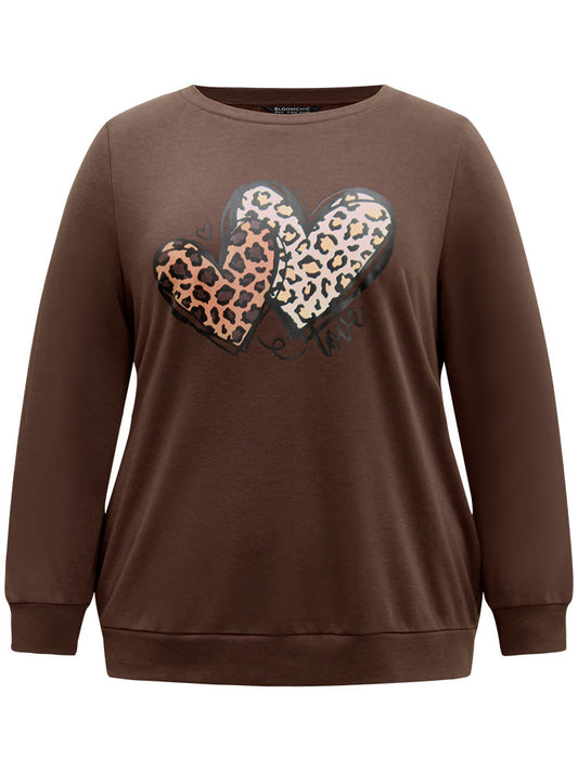 Heart Leopard Round Neck Sweatshirt