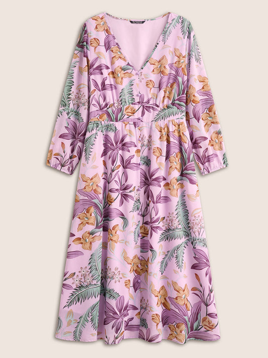 Chiffon Floral Print Beaded Detail Elastic Cuffs Dress