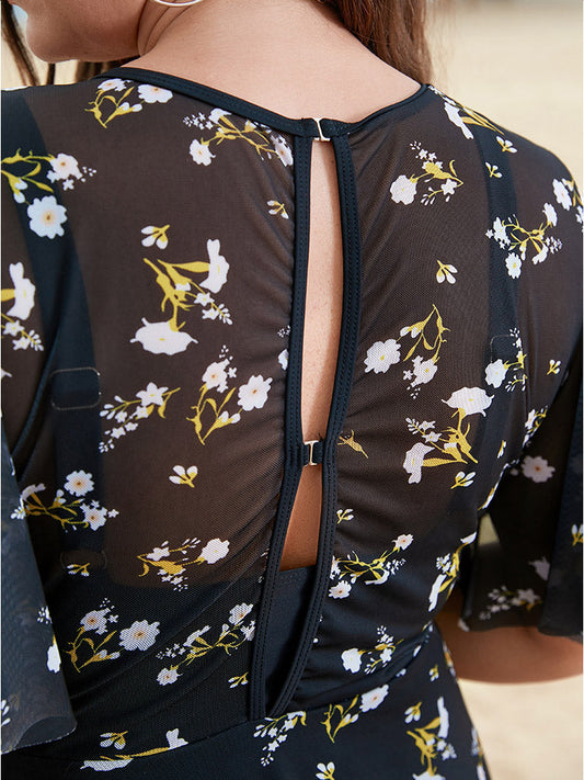 Ditsy Floral Mesh Hem Keyhole Ruffle Sleeve Swim Dress