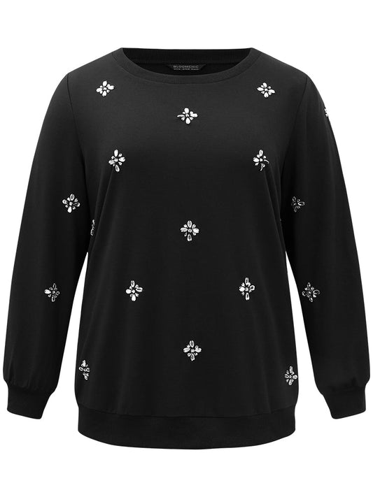 Beaded Floral Elastic Cuffs Sweatshirt