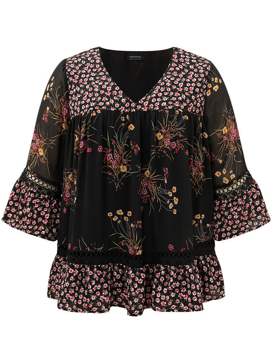 Floral Print V Neck Cut Out Ruffle Sleeve Blouse