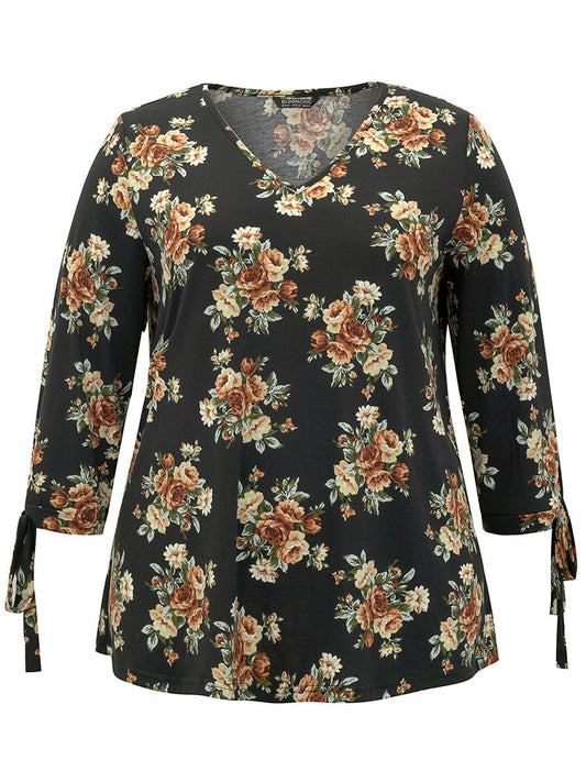 Floral Print V Neck Ties Sleeve T-shirt