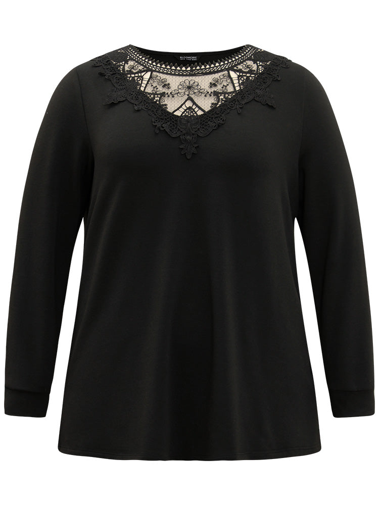 Plain Lace Patchwork Round Neck Sweatshirt