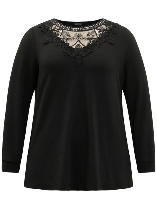 Plain Lace Patchwork Round Neck Sweatshirt