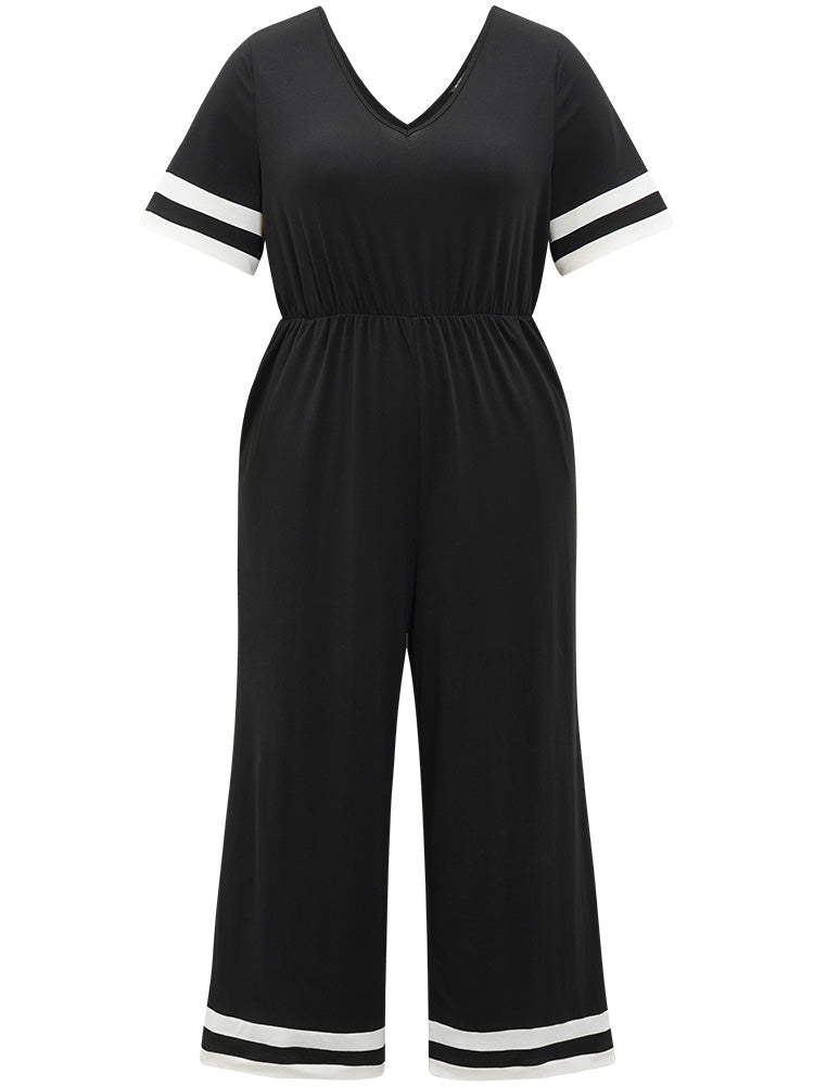 Striped Contrast V Neck Pocket Elastic Waist Jumpsuit