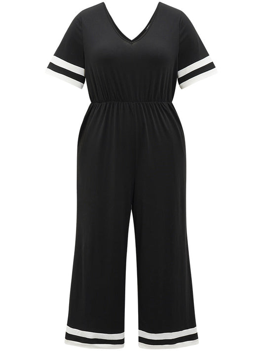 Striped Contrast V Neck Pocket Elastic Waist Jumpsuit