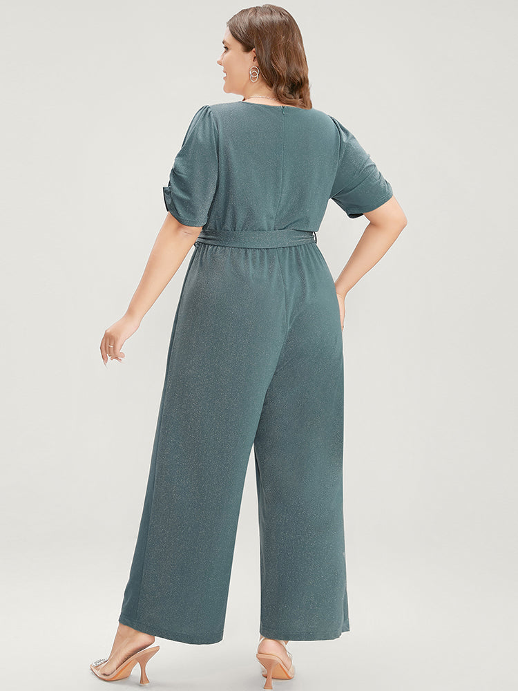 Plain Scalloped Trim Ruched Glitter Pocket Belted Jumpsuit