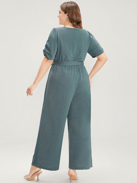 Plain Scalloped Trim Ruched Glitter Pocket Belted Jumpsuit