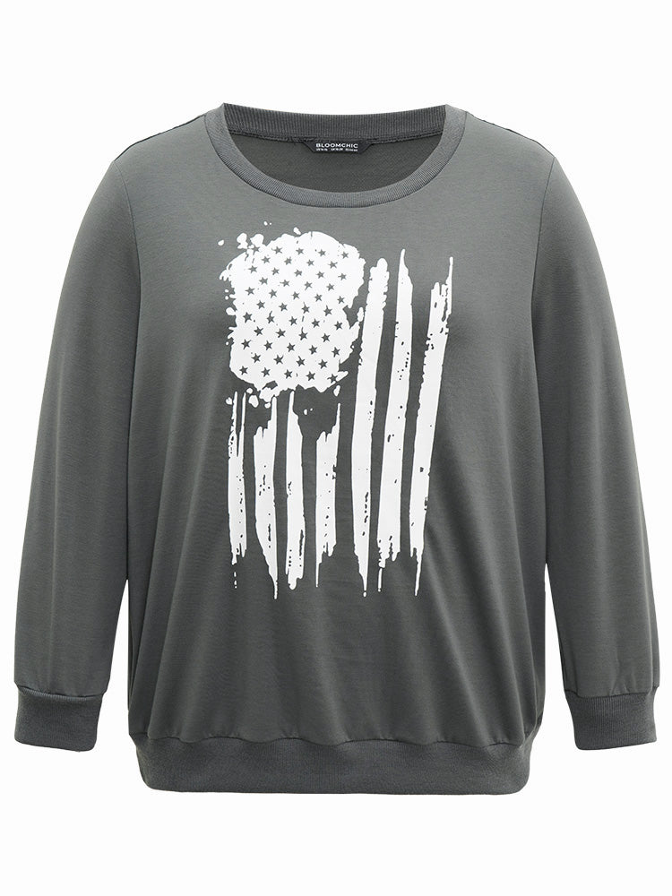 Brush Print Star Round Neck Sweatshirt