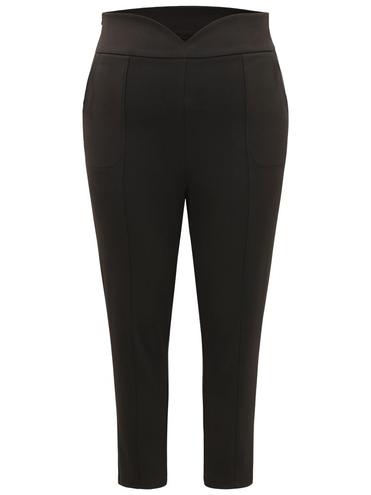 Plain Wideband Waist Pocket Scalloped Trim Skinny Leggings