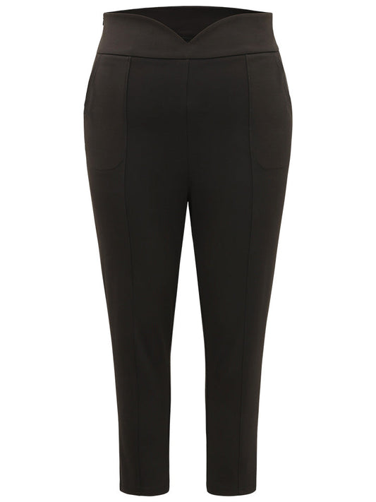 Plain Wideband Waist Pocket Scalloped Trim Skinny Leggings