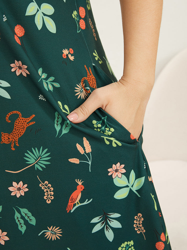 Floral & Plant Pocket Cold Shoulder Knee Dress