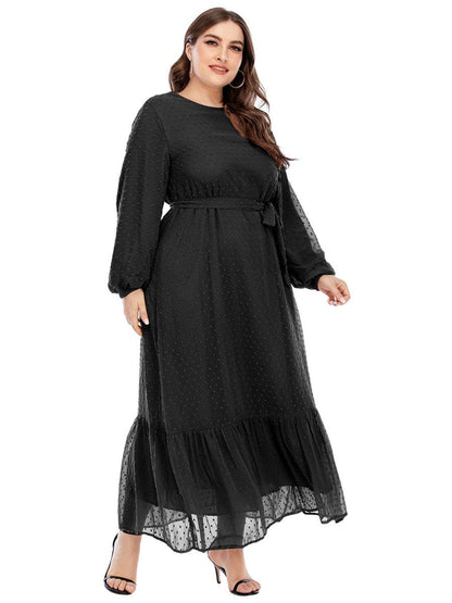 Dot Mesh Belt Round Neck Maxi Dress