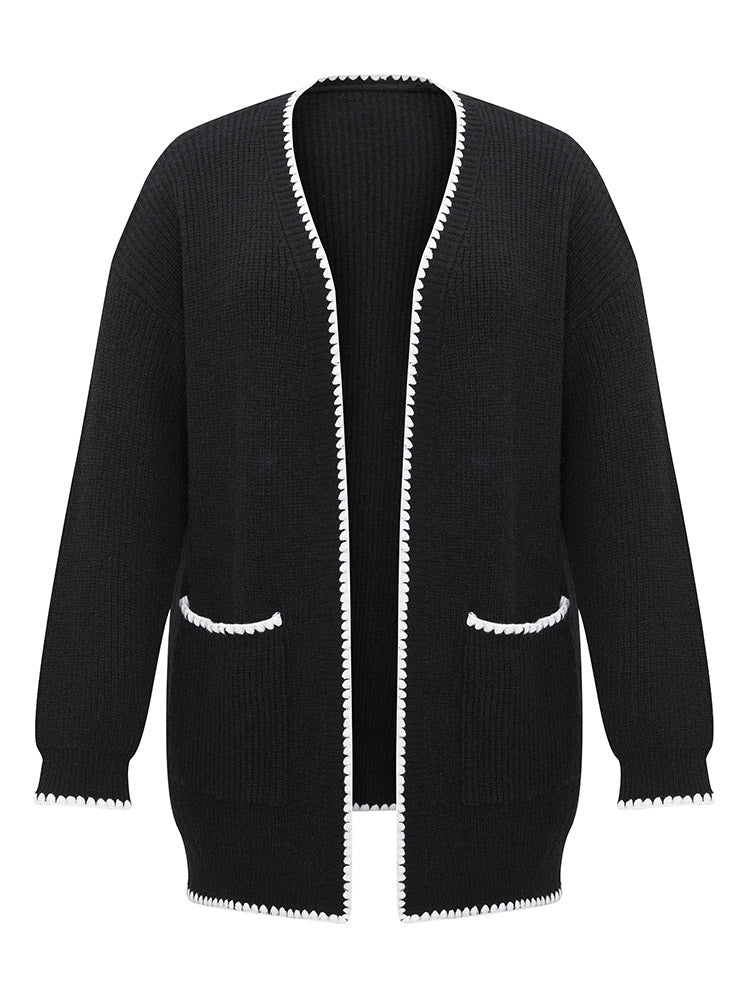 Supersoft Essentials Contrast Trim Open Front Pocket Knit Cardigan