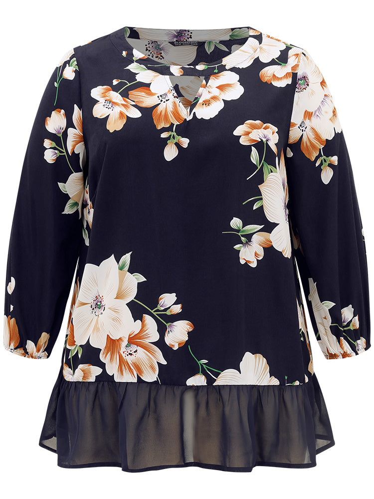 Chiffon Floral Keyhole Patchwork Flutters Blouse