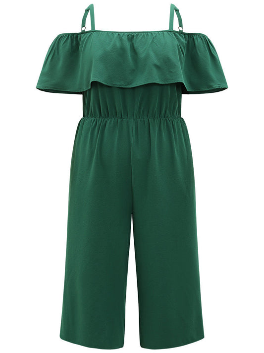 Off Shoulder Ruffles Pocket Elastic Waist Cami Jumpsuit