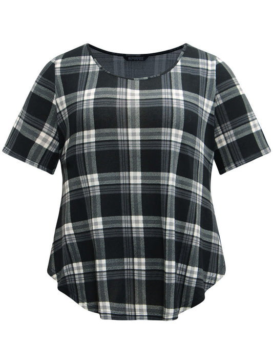Plaid Contrast Crew Neck Curved Hem T-shirt