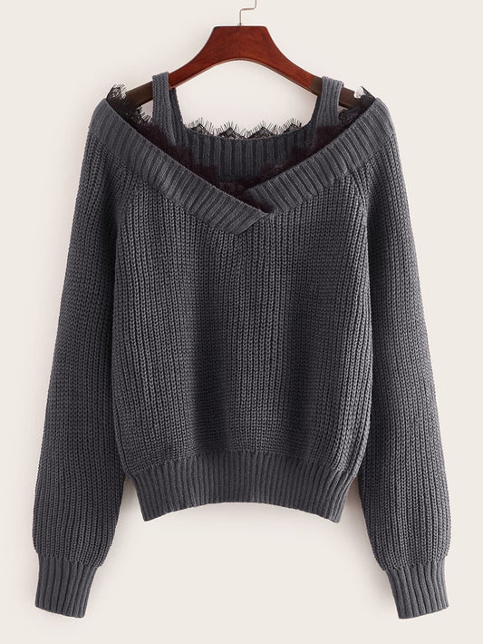 Cold Shoulder Contrast Lace Sweater