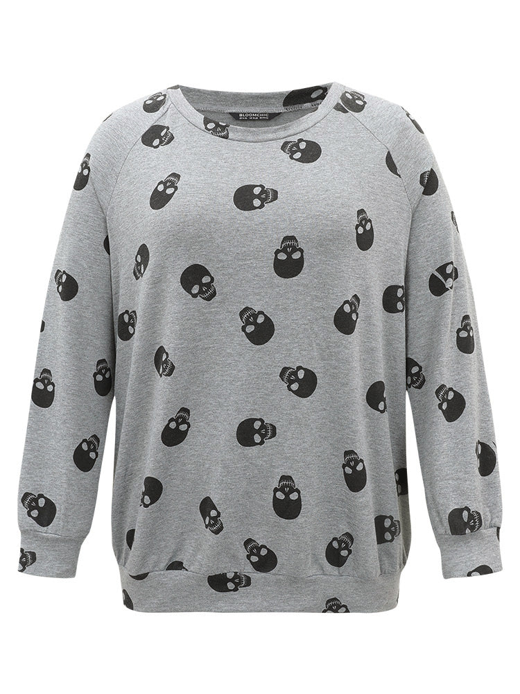 Skull Print Crew Neck Raglan Sleeve Sweatshirt