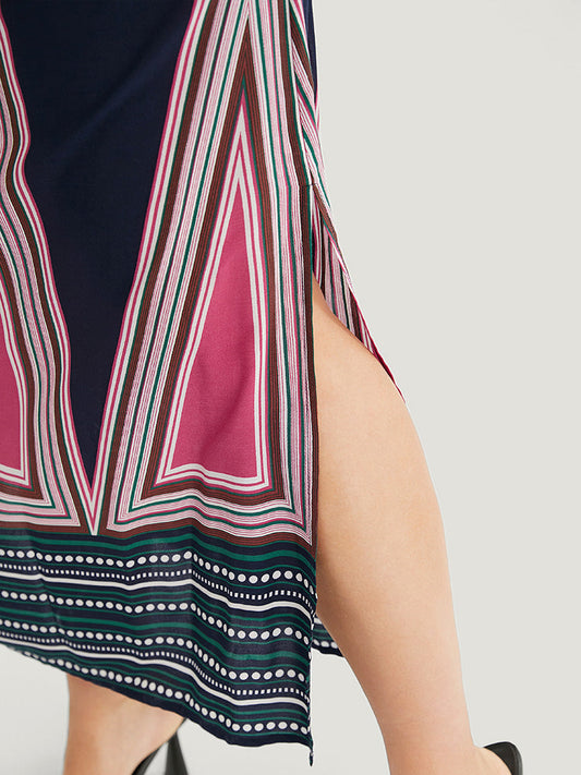 Geometric Print Shirred Pocket Halter Neck Ruffle Split Dress