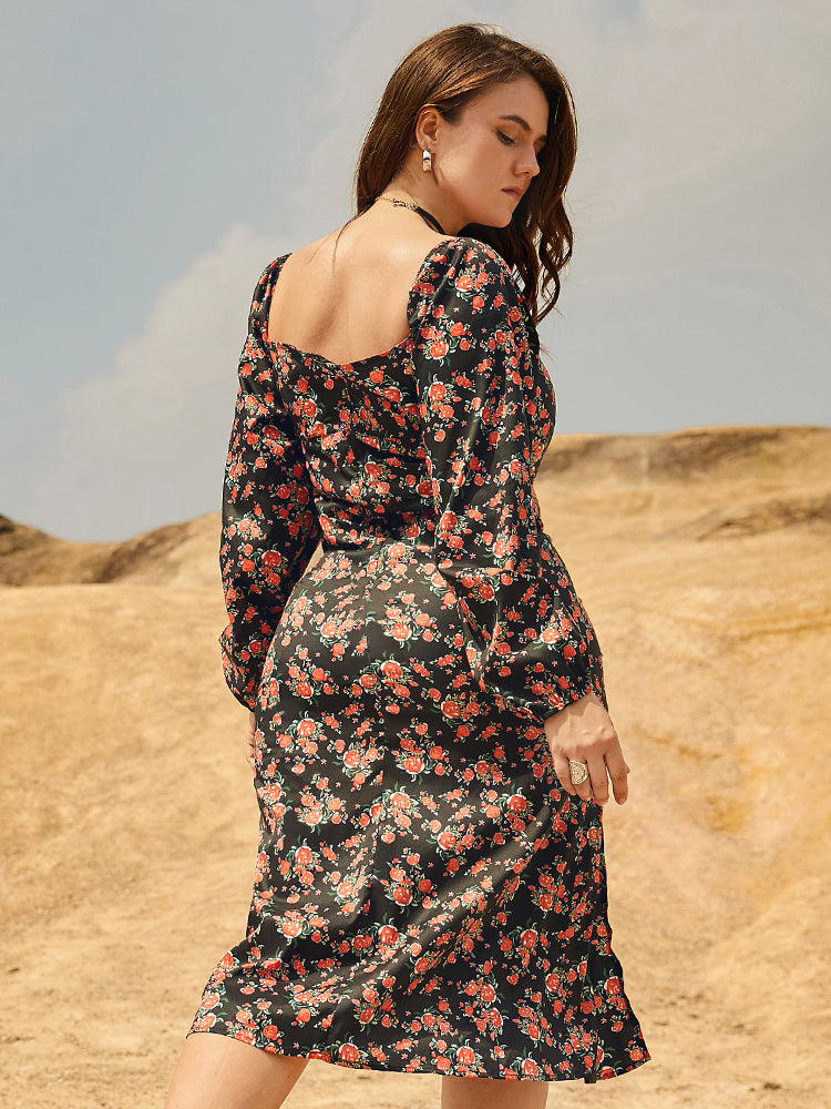 Square Neck Ditsy Floral Split  Dress