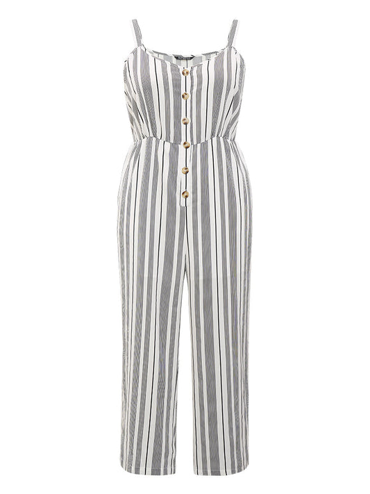Striped Print Button Pocket Detail Cami Jumpsuit