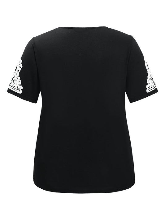 Plain Contrast Lace V Neck T-shirt