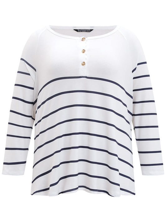 Striped Patchwork Button Through Raglan Sleeve T-shirt