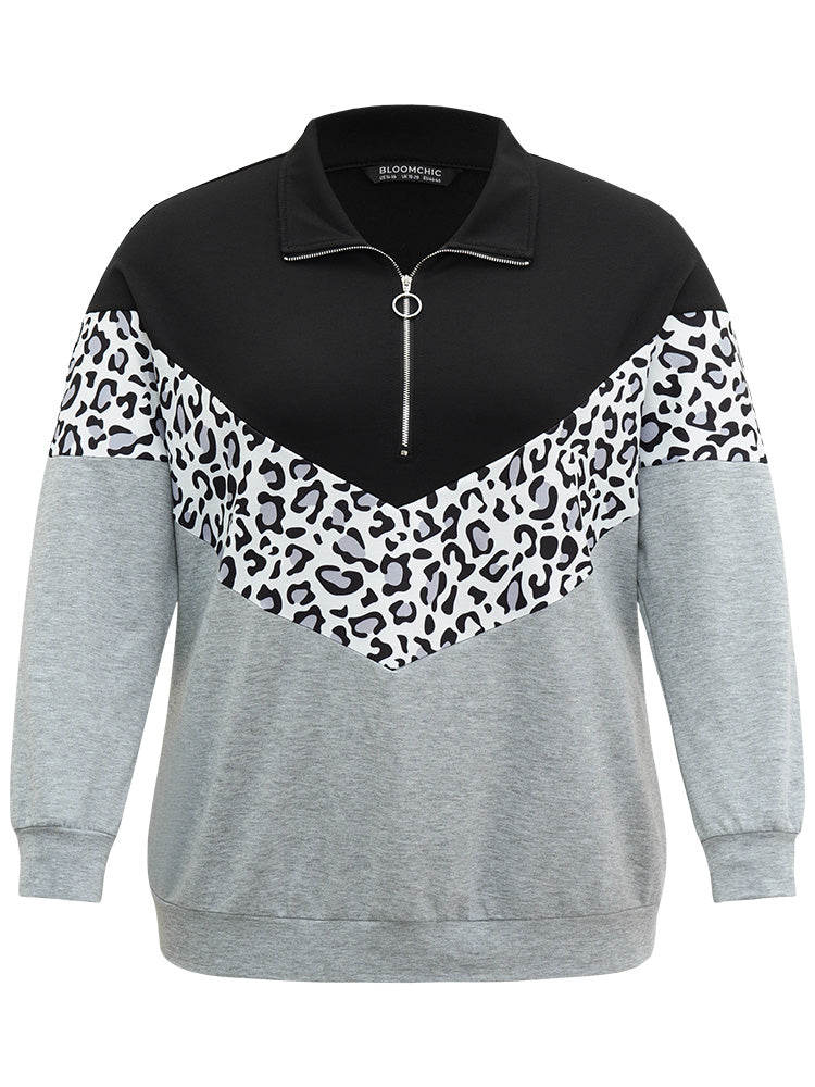 Leopard Contrast Patchwork Half Zip Sweatshirt