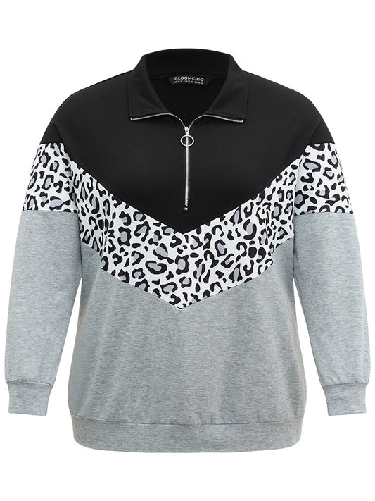 Leopard Contrast Patchwork Half Zip Sweatshirt