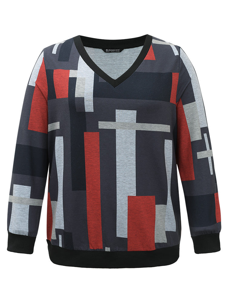 Colorblock Contrast V Neck Rib Knit Sweatshirt