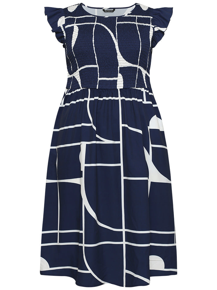 Geometric Pocket Flutter Sleeve Shirred Dress