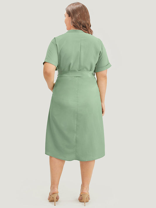 Solid Batwing Sleeve Pocket Belt Button Up Dress