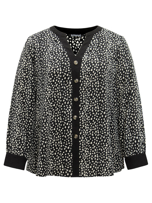 Leopard Print Button Through Notched Blouse