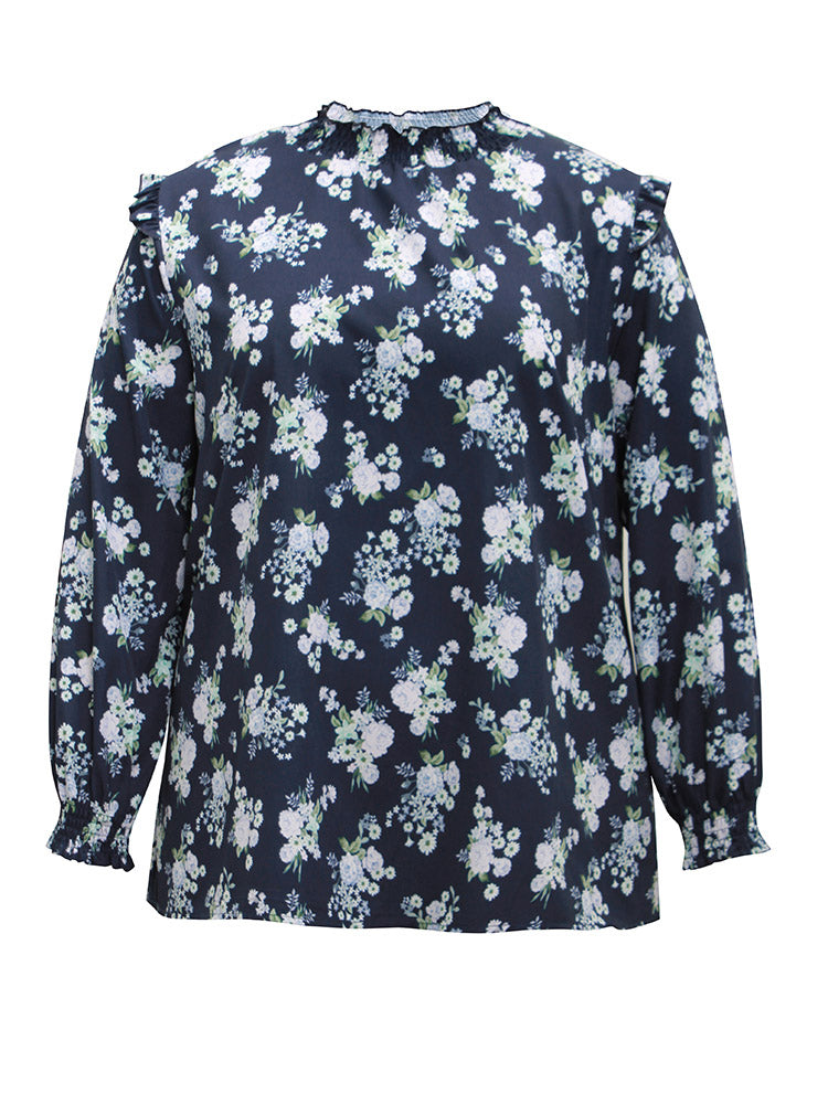 Ruffle Trim Floral Print Shirred Blouse