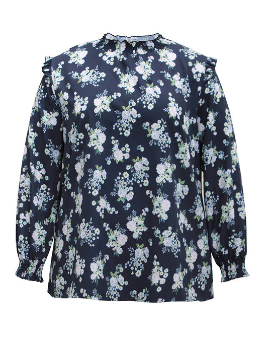 Ruffle Trim Floral Print Shirred Blouse