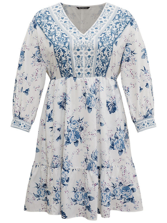 Floral Print Lantern Sleeve Pocket Ruffle Dress