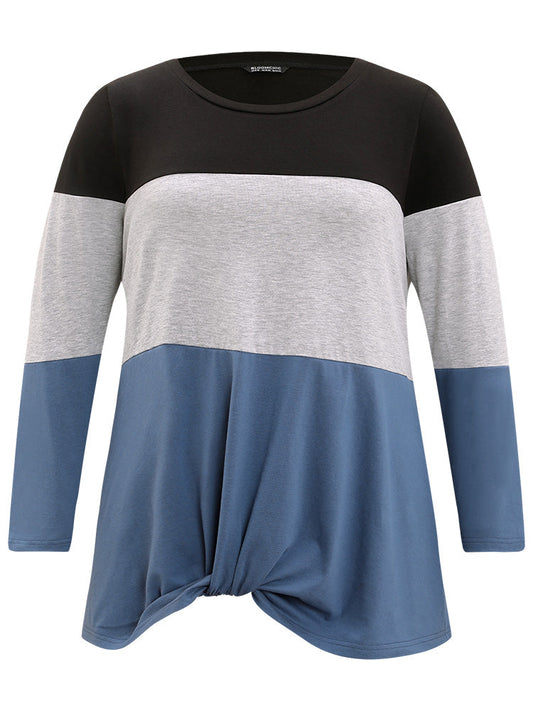 Round Neck Twist Front Patchwork Contrast T-shirt