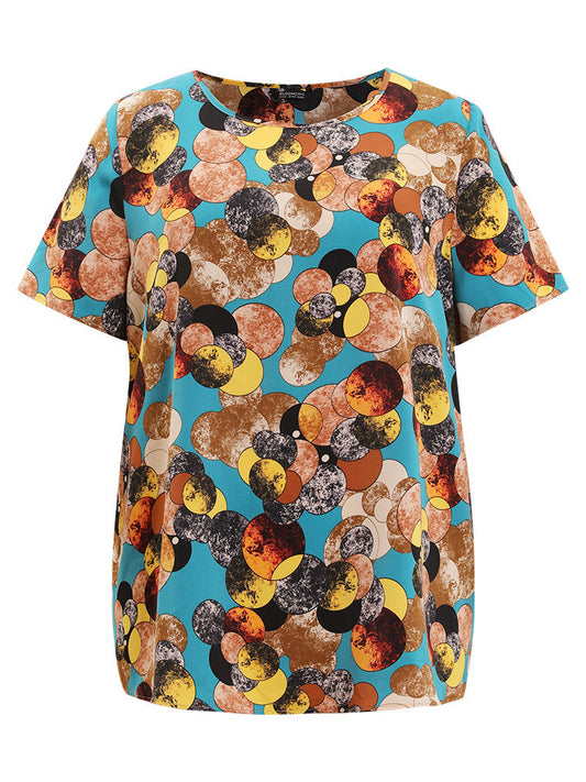 Allover Print Round Neck Contrast Blouse