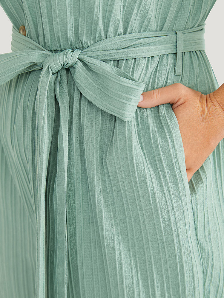 Solid Textured Button Detail Pocket Ruffle Trim Belt Jumpsuit