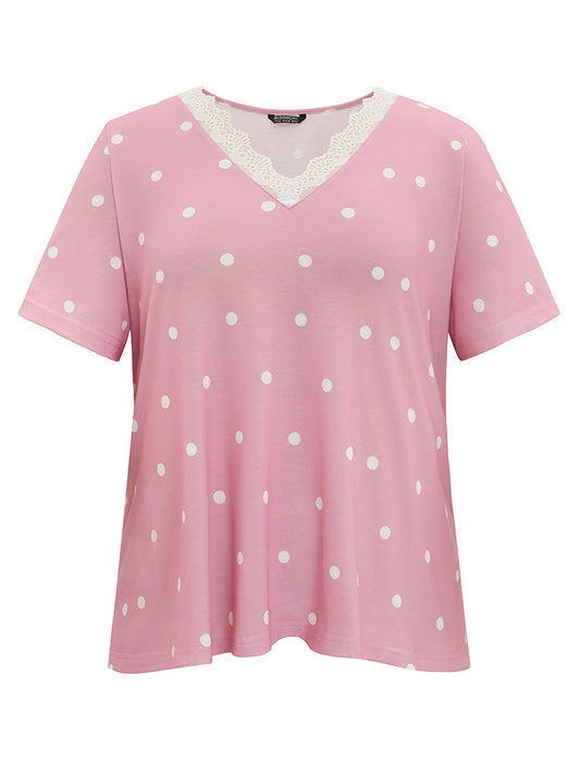 Polka Dot V Neck Lace Trim Sleep Top