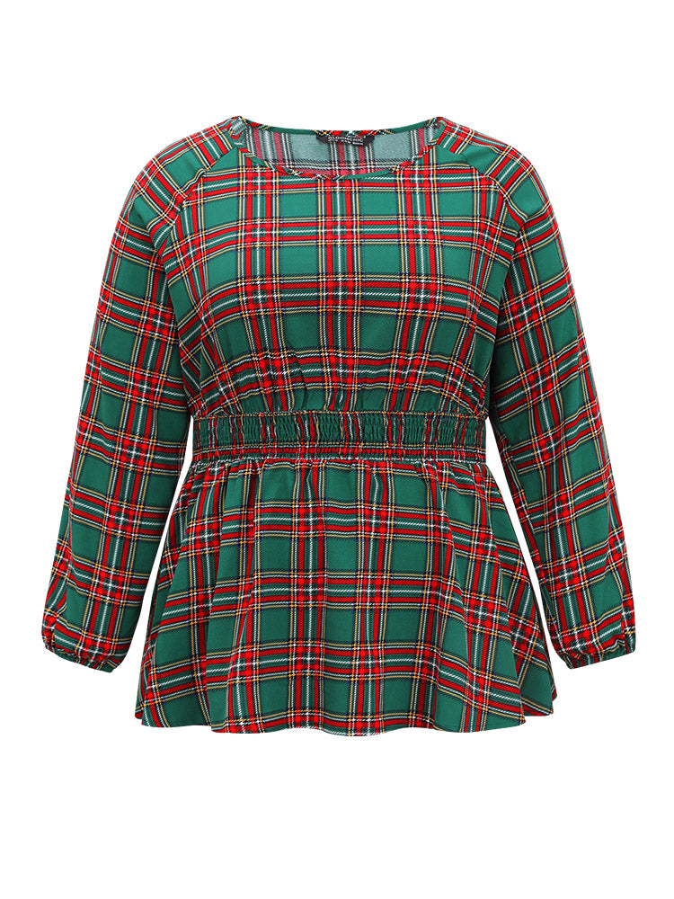 Christmas Plaid Shirred Ruffle Hem Blouse