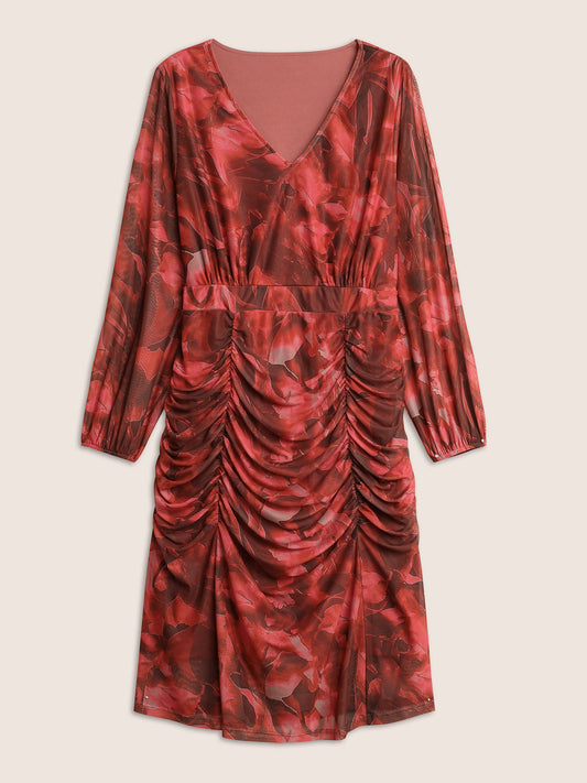 Floral Print Pocket Ruched Hem Dress