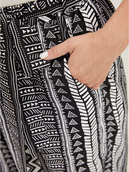 Geometric & Striped Print Belt Pocket Pants